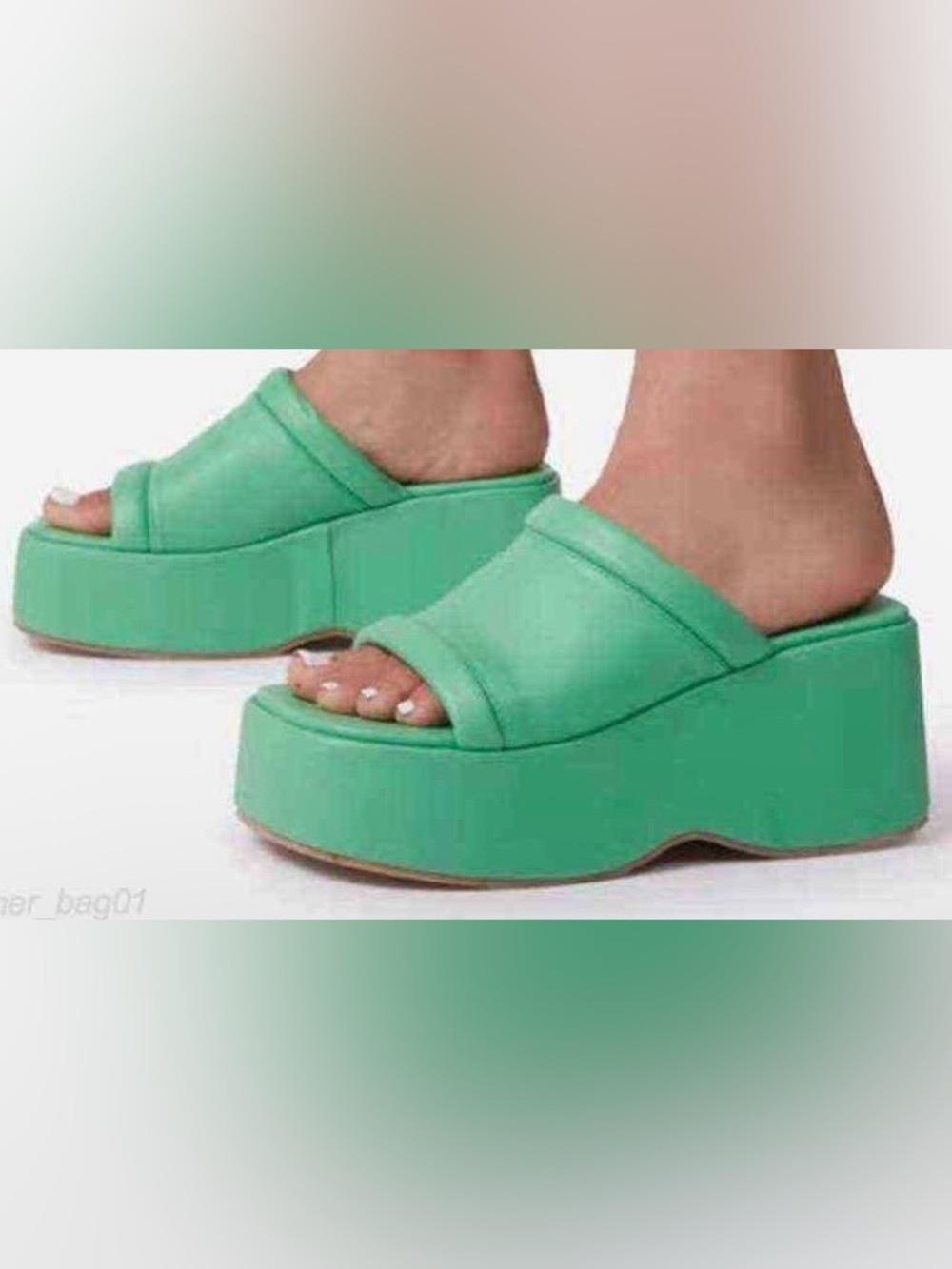EGO Chunky platform wedge green Rimocy square toe flip flops/slidesthick bottom